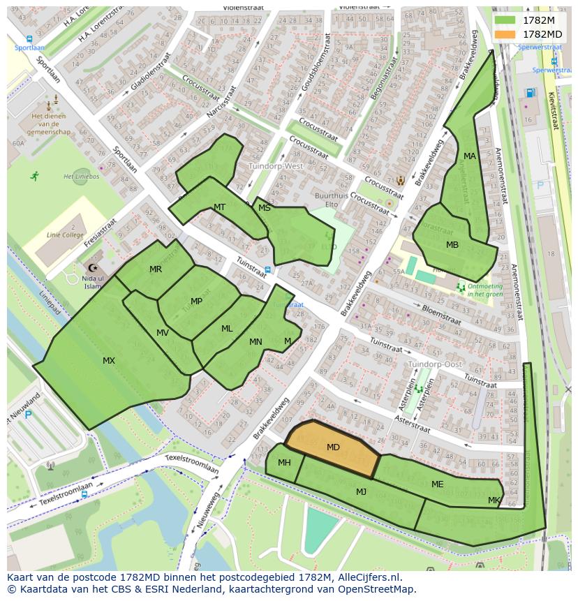 Afbeelding van het postcodegebied 1782 MD op de kaart.
