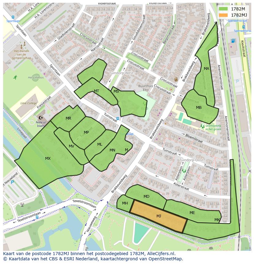 Afbeelding van het postcodegebied 1782 MJ op de kaart.