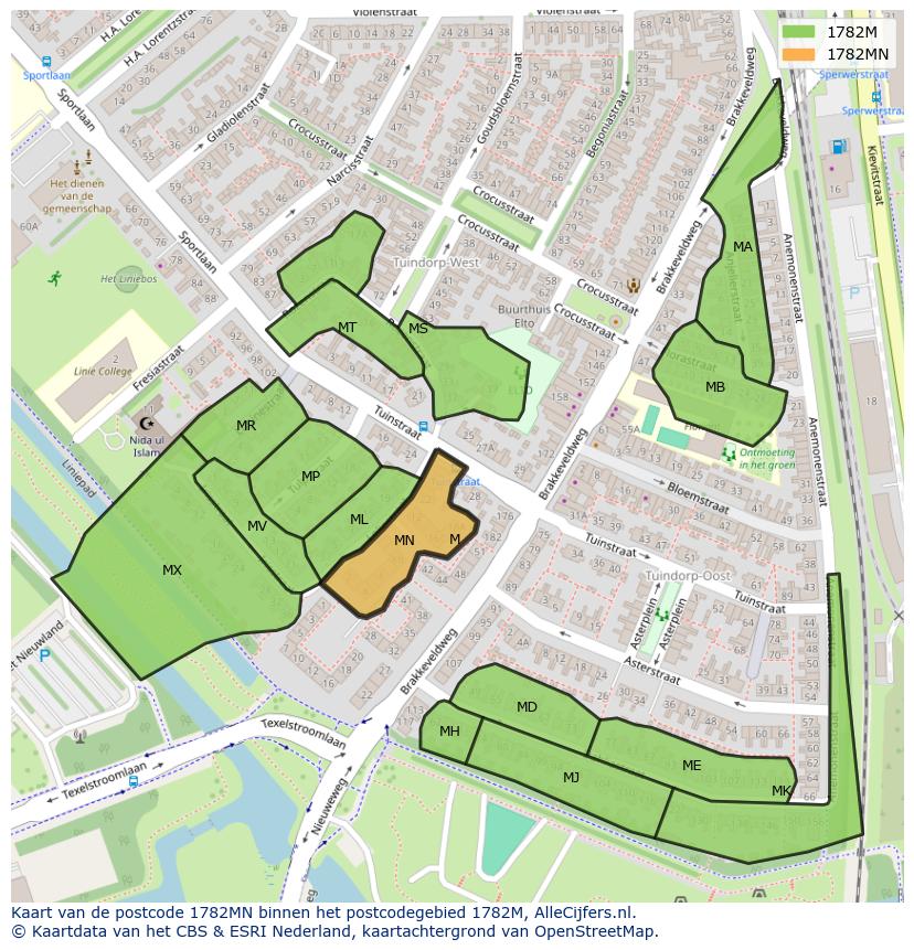 Afbeelding van het postcodegebied 1782 MN op de kaart.