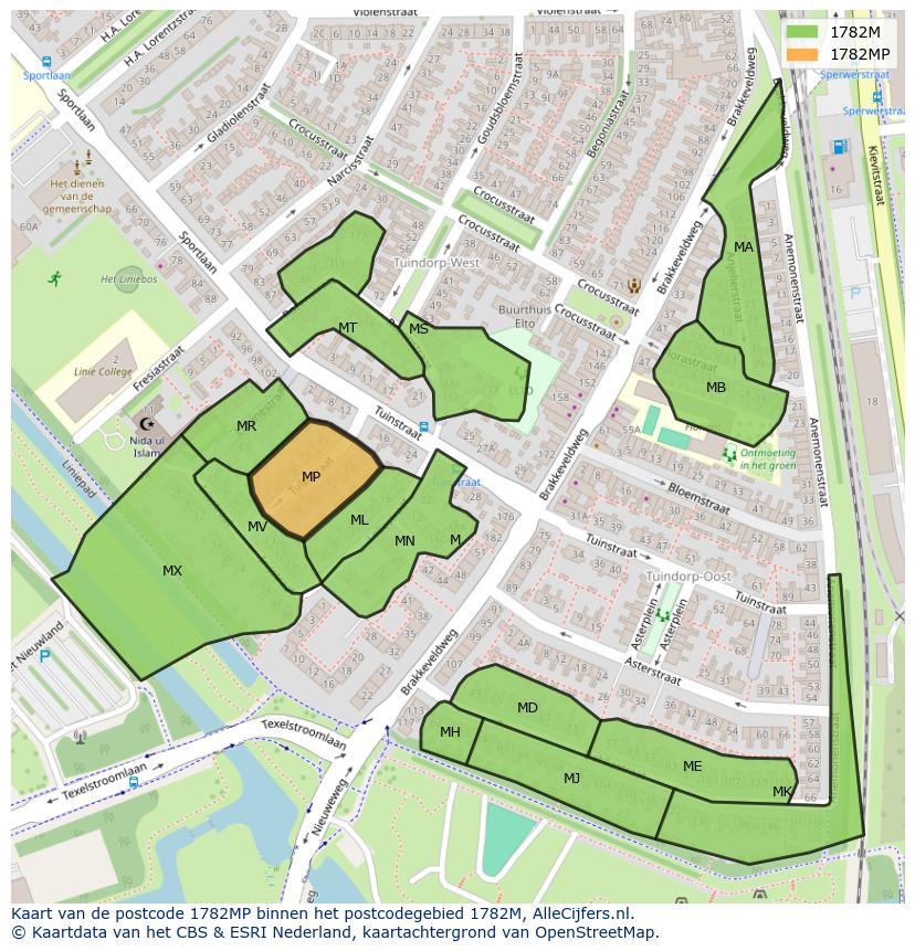 Afbeelding van het postcodegebied 1782 MP op de kaart.