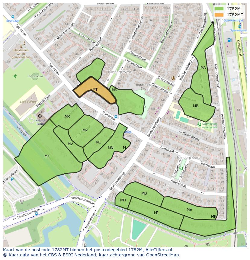 Afbeelding van het postcodegebied 1782 MT op de kaart.