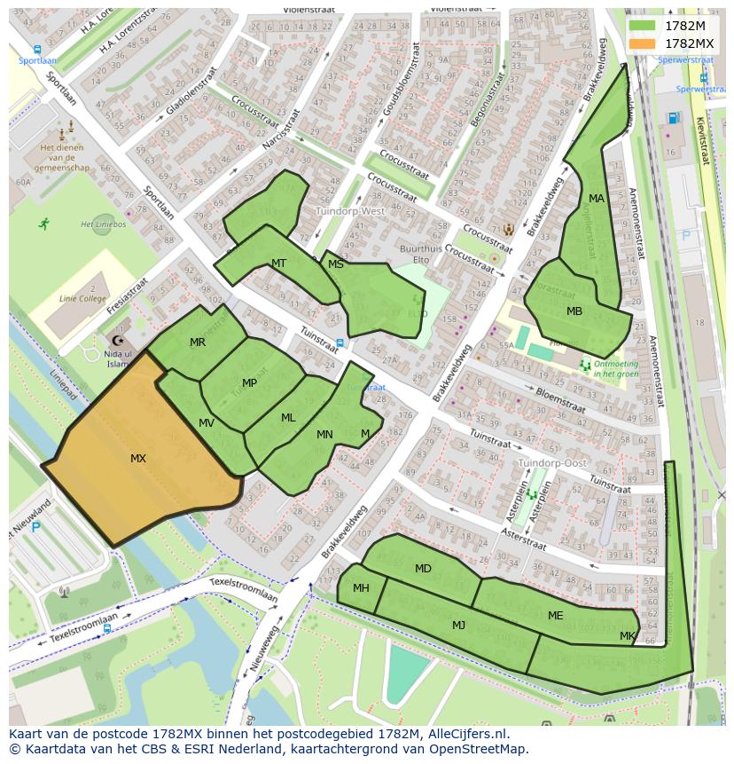 Afbeelding van het postcodegebied 1782 MX op de kaart.