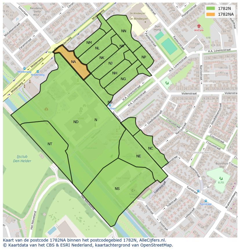 Afbeelding van het postcodegebied 1782 NA op de kaart.