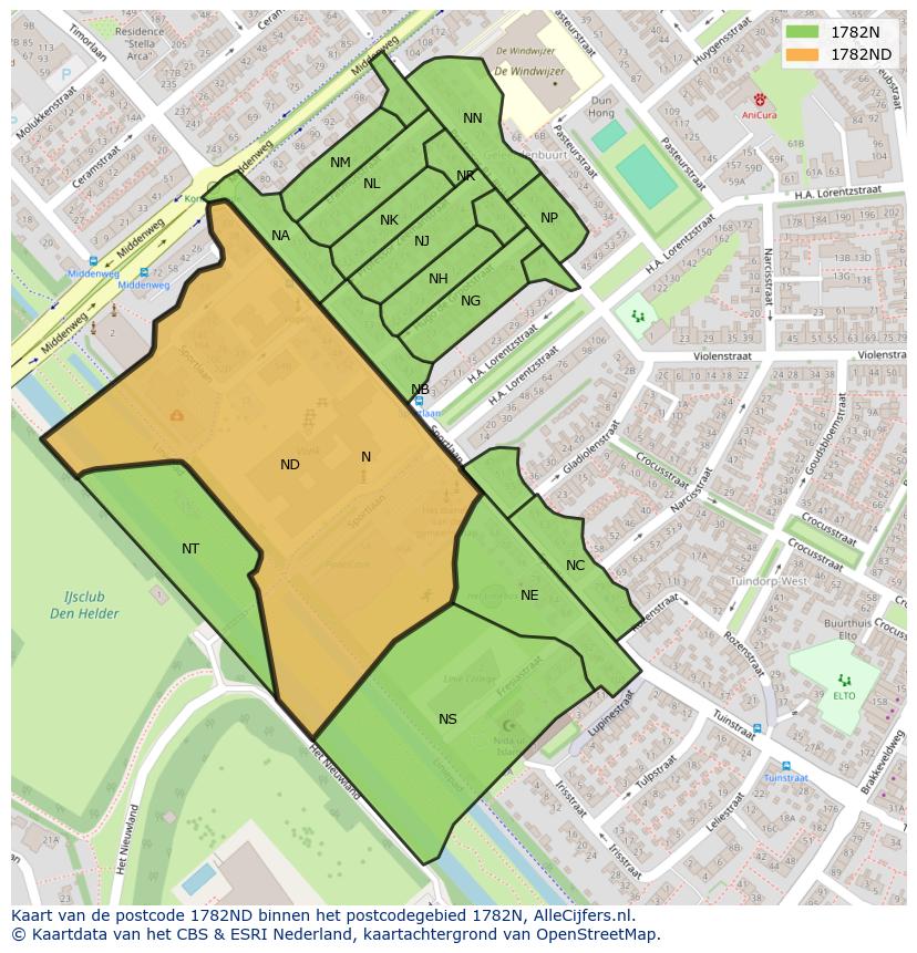 Afbeelding van het postcodegebied 1782 ND op de kaart.