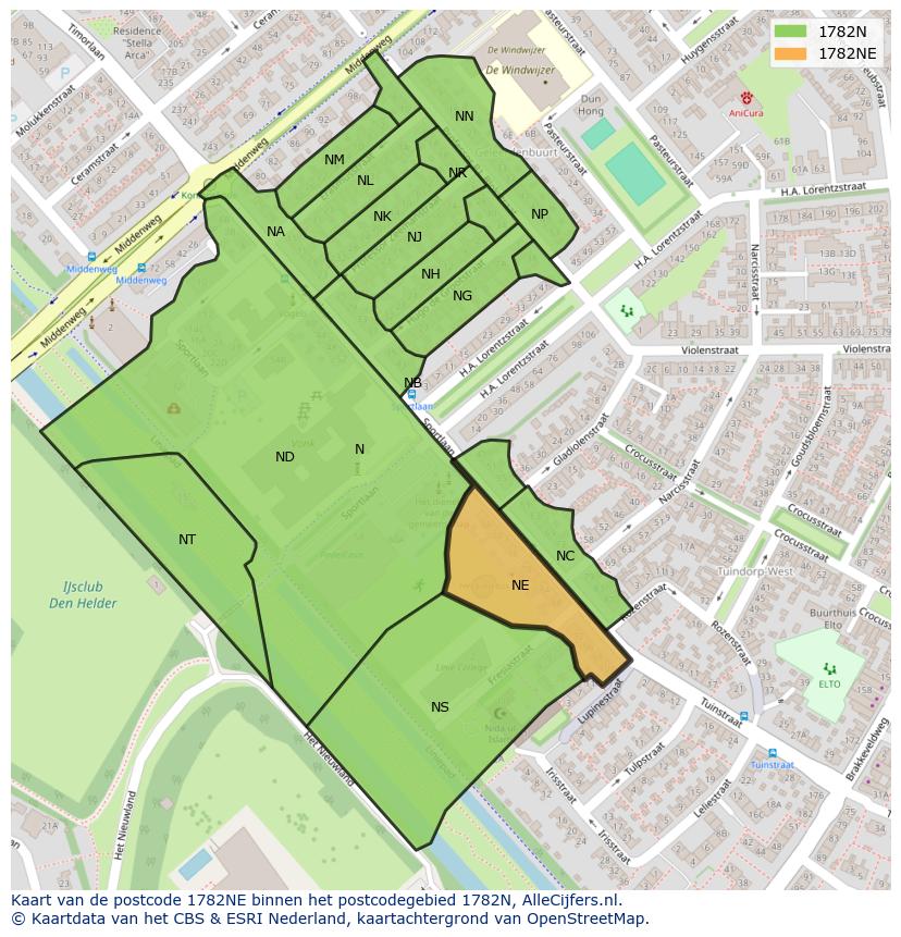 Afbeelding van het postcodegebied 1782 NE op de kaart.