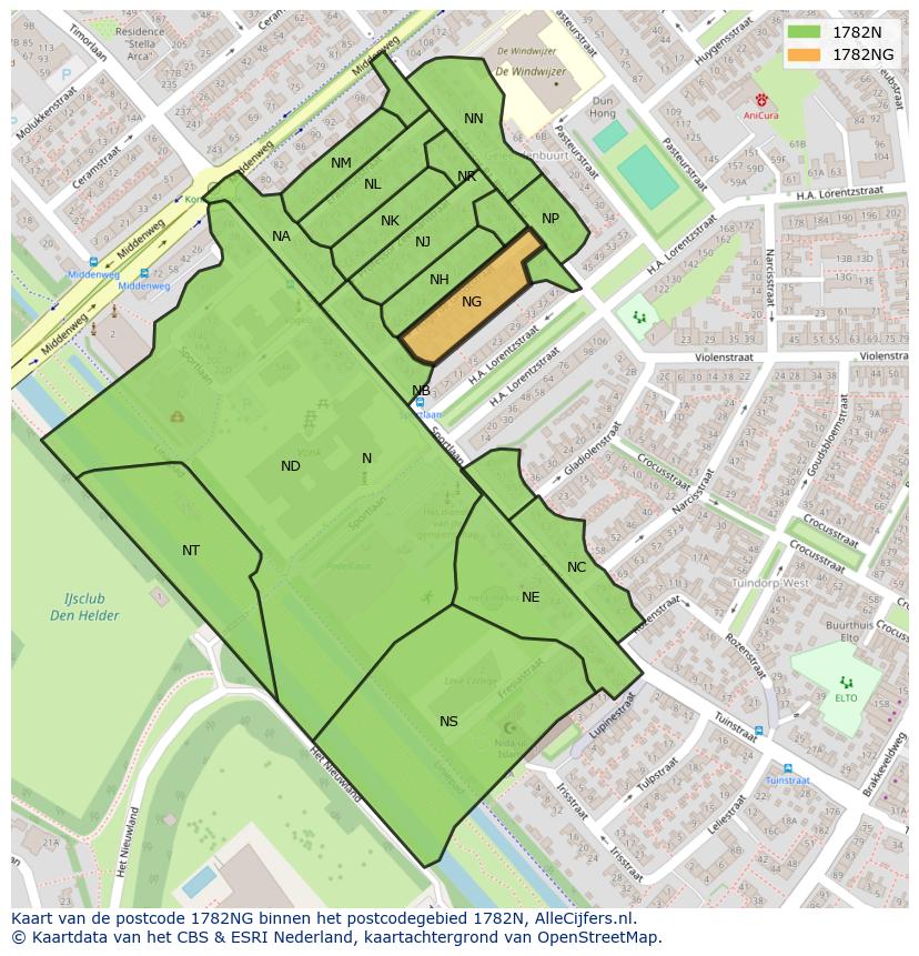 Afbeelding van het postcodegebied 1782 NG op de kaart.