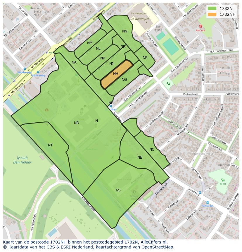Afbeelding van het postcodegebied 1782 NH op de kaart.