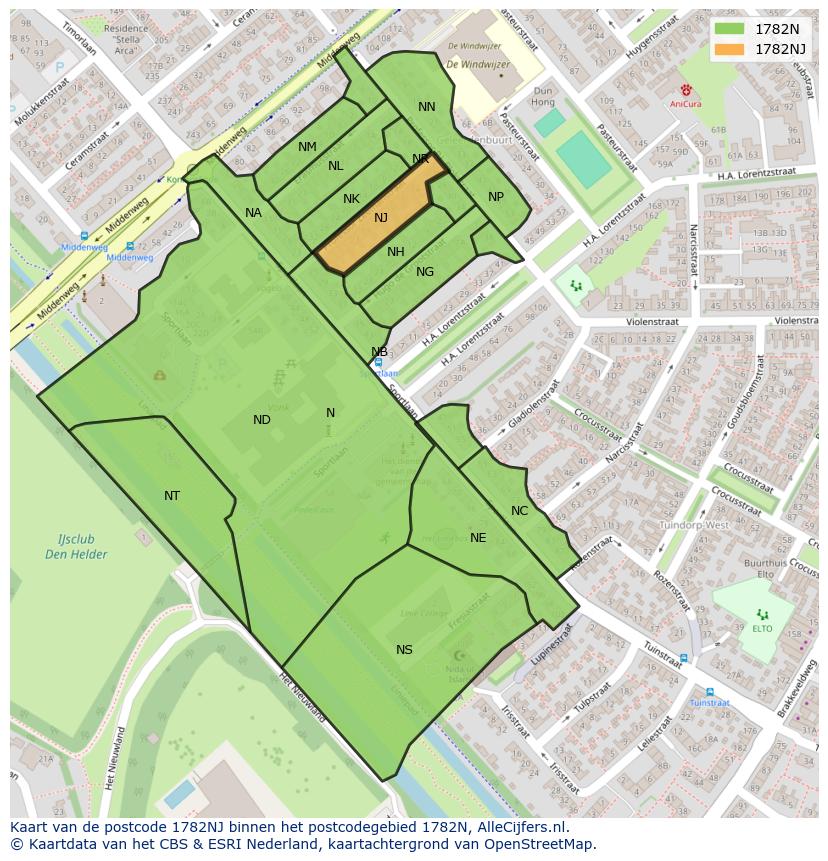 Afbeelding van het postcodegebied 1782 NJ op de kaart.