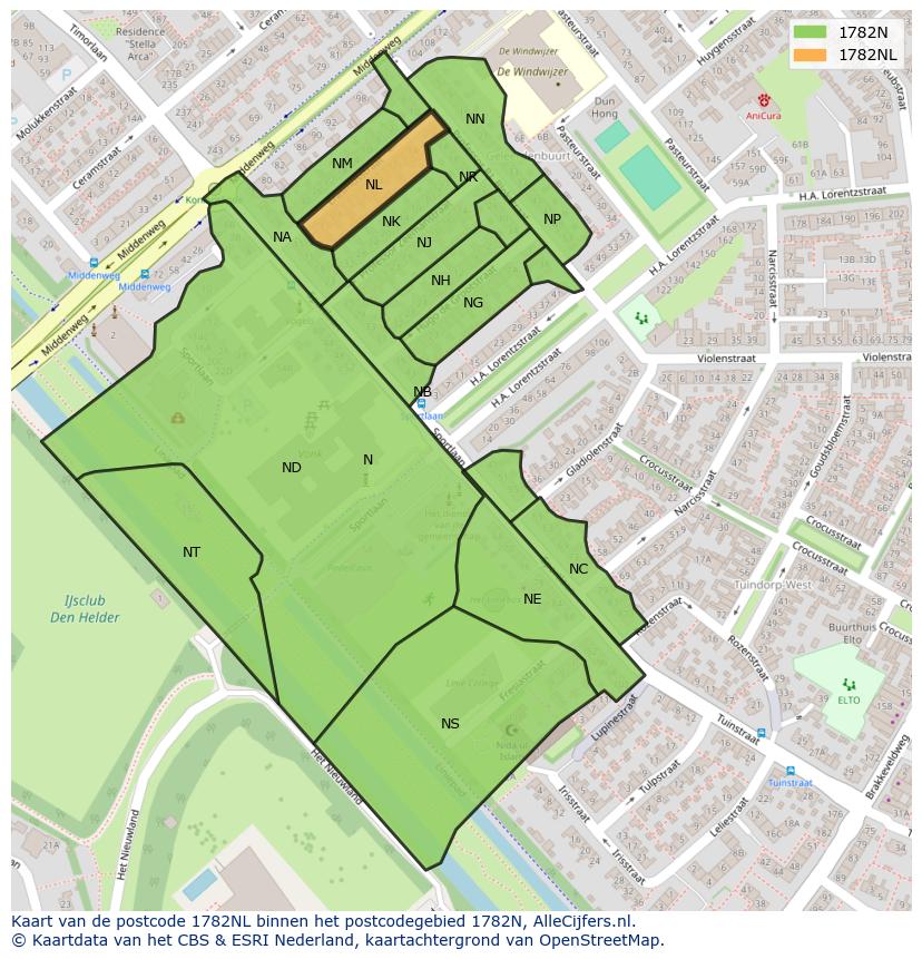Afbeelding van het postcodegebied 1782 NL op de kaart.