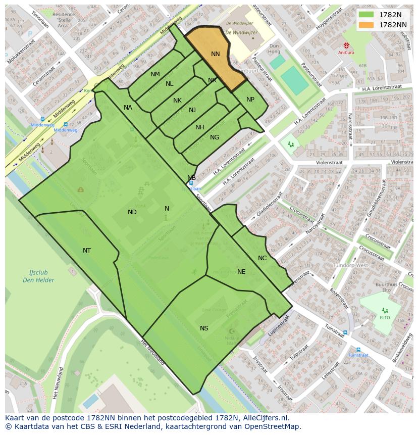 Afbeelding van het postcodegebied 1782 NN op de kaart.