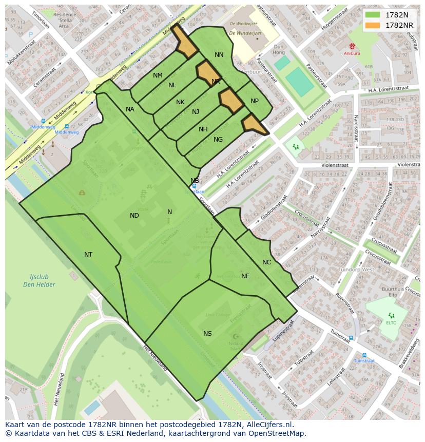 Afbeelding van het postcodegebied 1782 NR op de kaart.