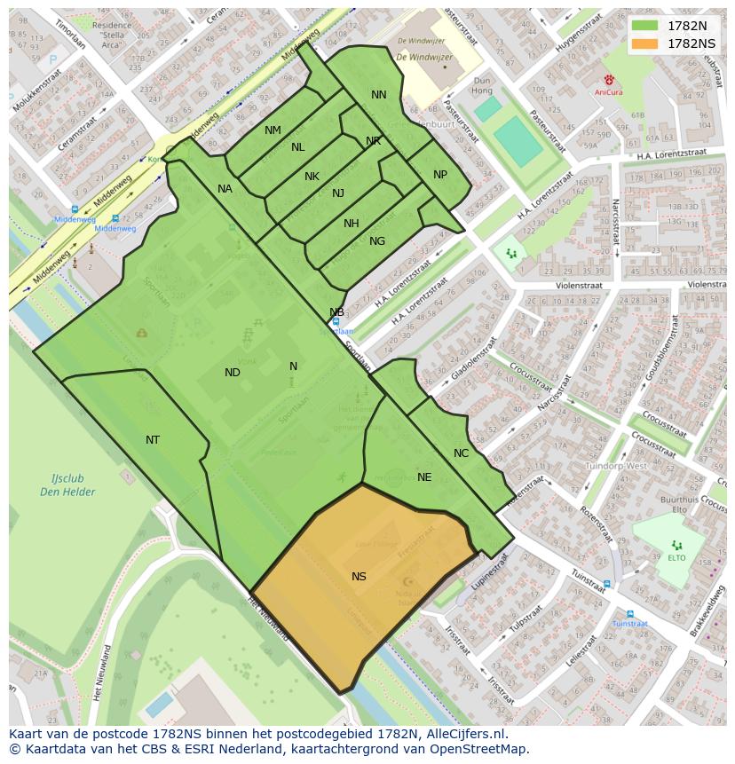 Afbeelding van het postcodegebied 1782 NS op de kaart.