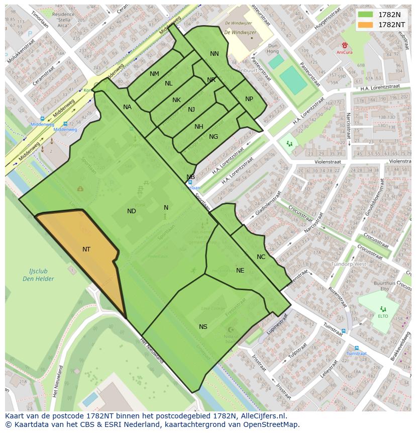 Afbeelding van het postcodegebied 1782 NT op de kaart.