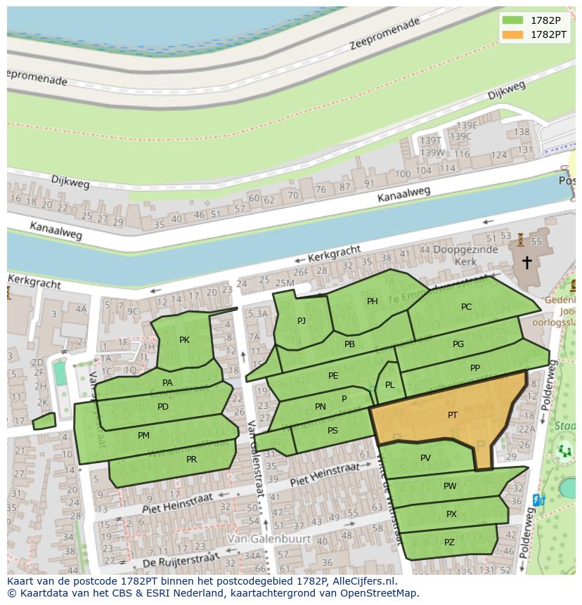 Afbeelding van het postcodegebied 1782 PT op de kaart.
