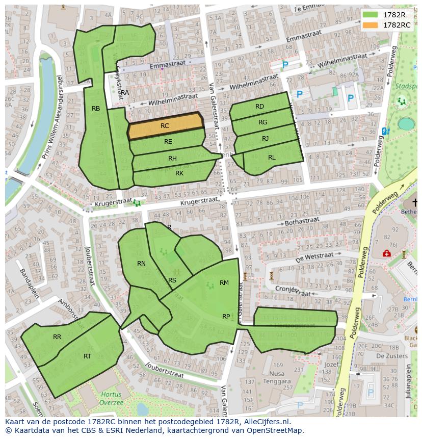 Afbeelding van het postcodegebied 1782 RC op de kaart.