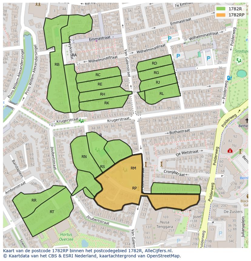 Afbeelding van het postcodegebied 1782 RP op de kaart.