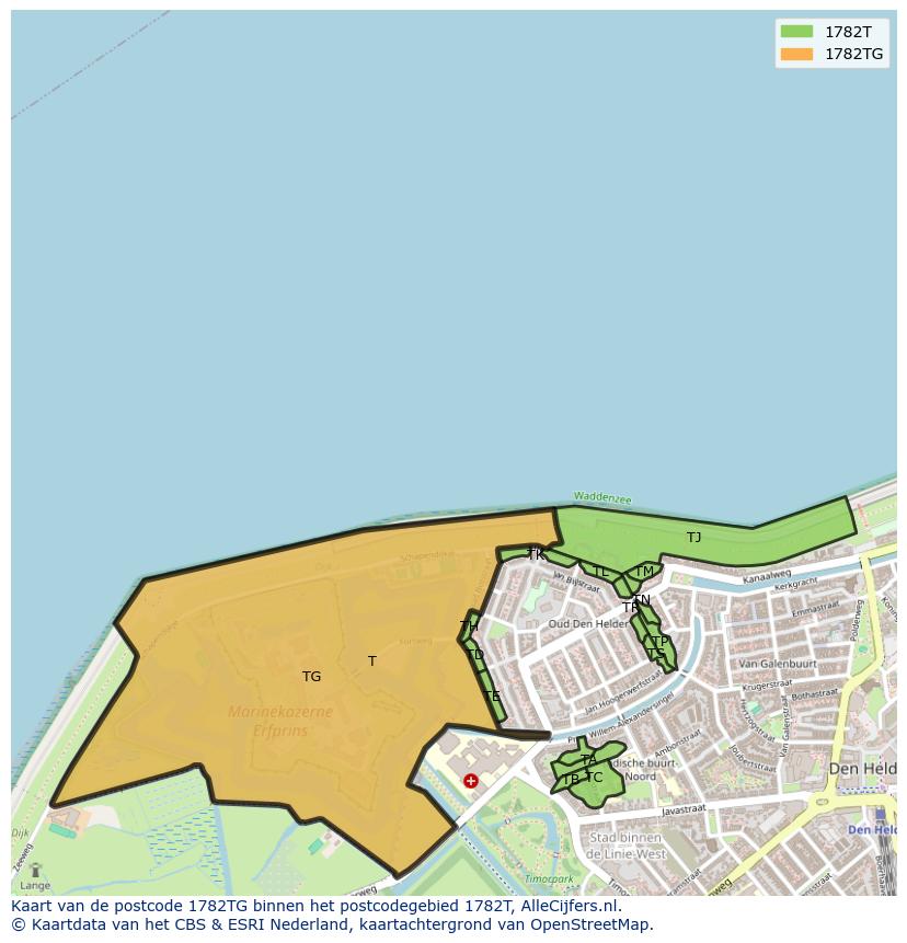 Afbeelding van het postcodegebied 1782 TG op de kaart.