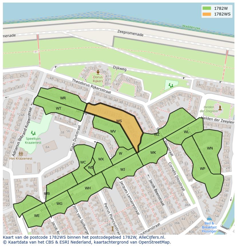 Afbeelding van het postcodegebied 1782 WS op de kaart.