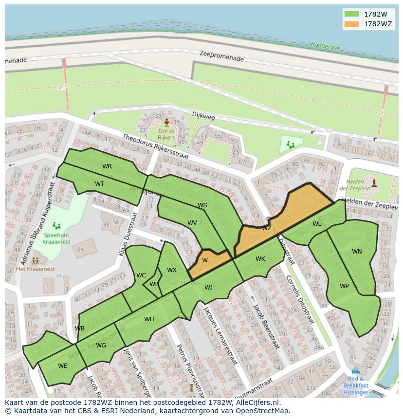 Afbeelding van het postcodegebied 1782 WZ op de kaart.