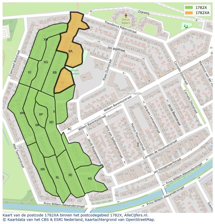 Afbeelding van het postcodegebied 1782 XA op de kaart.