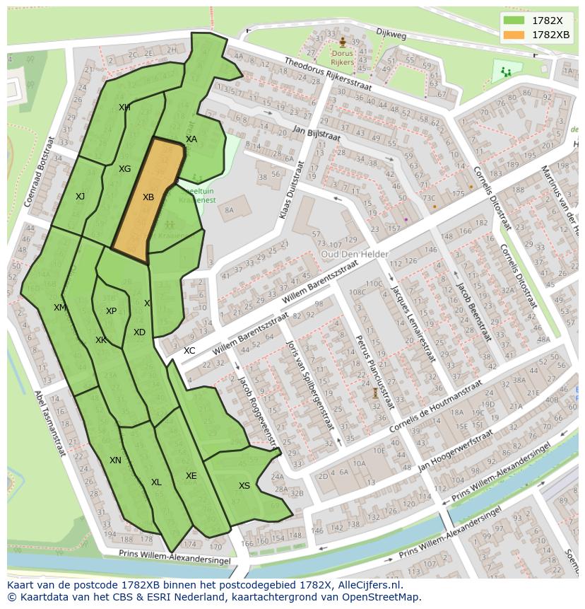 Afbeelding van het postcodegebied 1782 XB op de kaart.