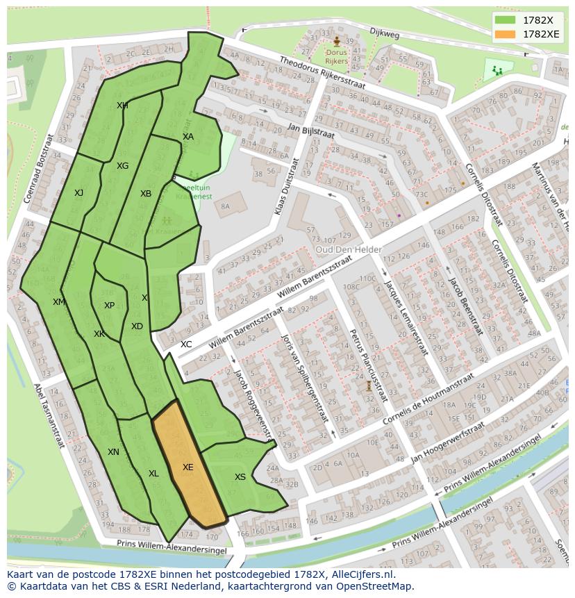 Afbeelding van het postcodegebied 1782 XE op de kaart.