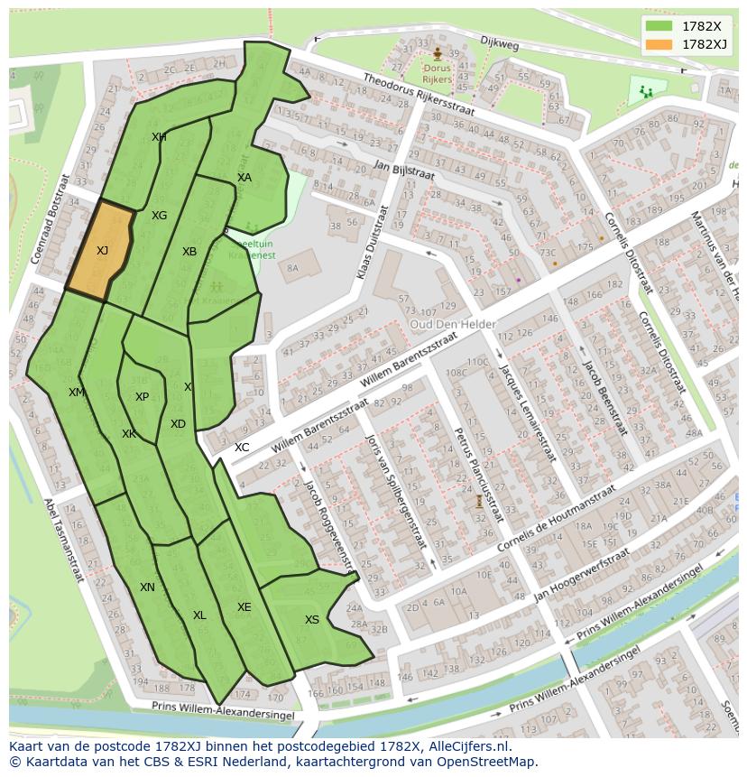 Afbeelding van het postcodegebied 1782 XJ op de kaart.
