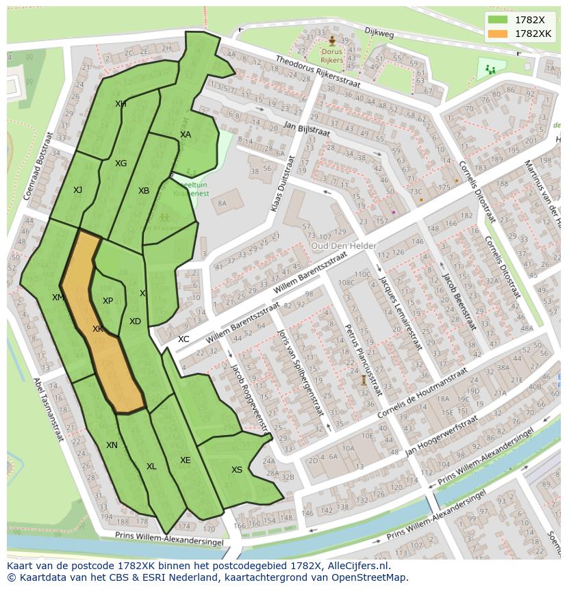 Afbeelding van het postcodegebied 1782 XK op de kaart.