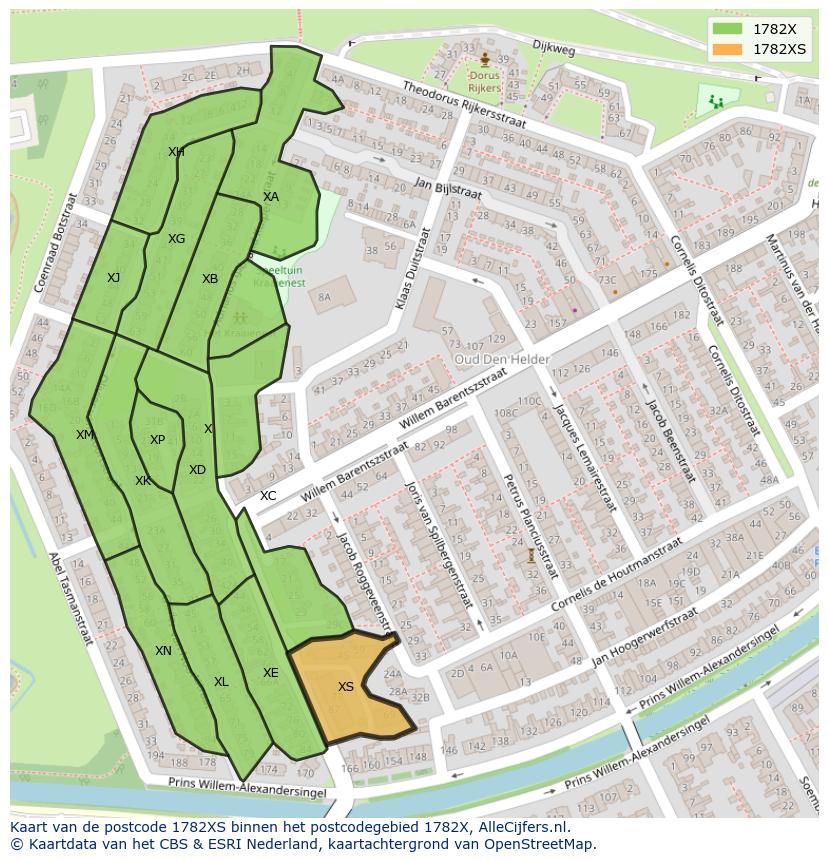 Afbeelding van het postcodegebied 1782 XS op de kaart.