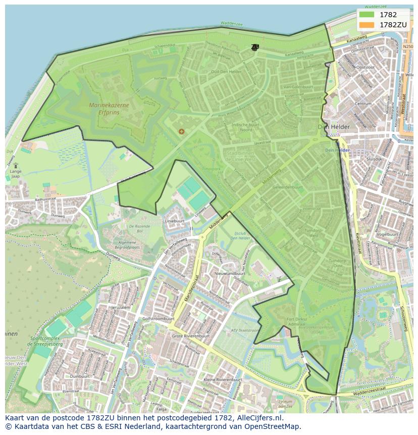 Afbeelding van het postcodegebied 1782 ZU op de kaart.