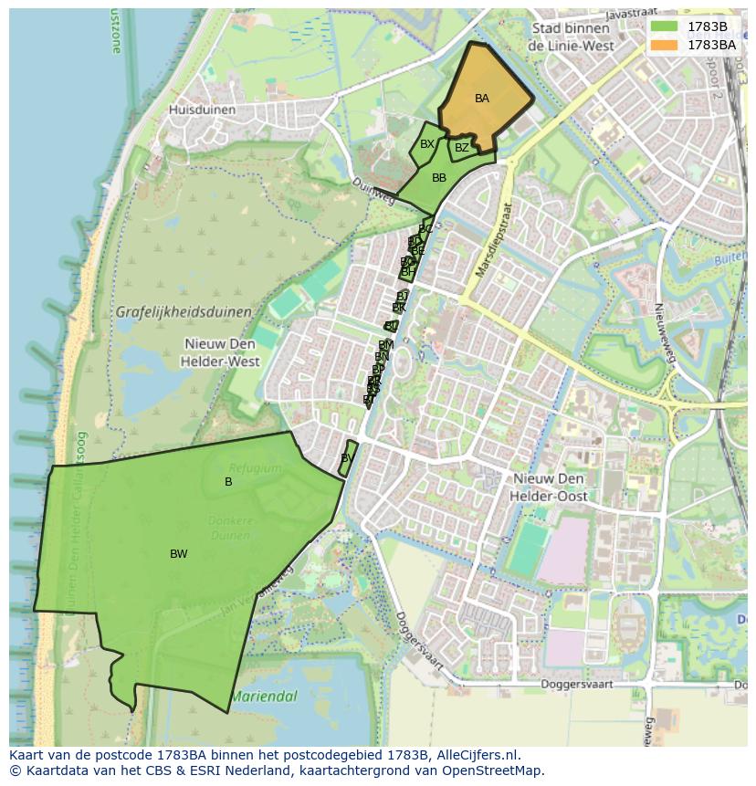 Afbeelding van het postcodegebied 1783 BA op de kaart.