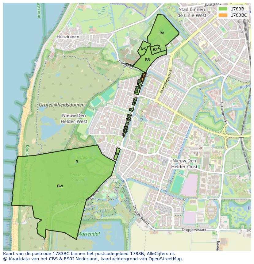 Afbeelding van het postcodegebied 1783 BC op de kaart.
