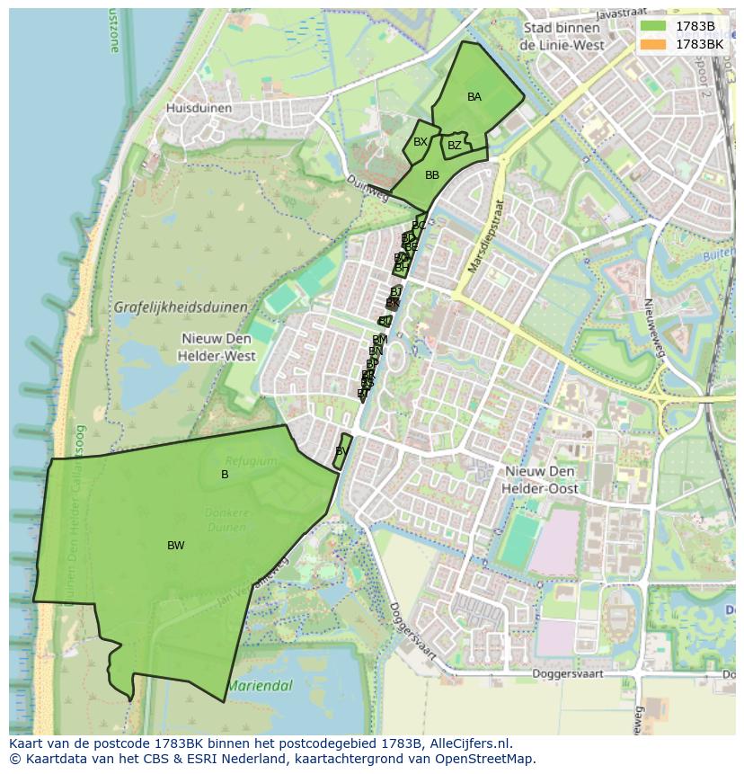 Afbeelding van het postcodegebied 1783 BK op de kaart.