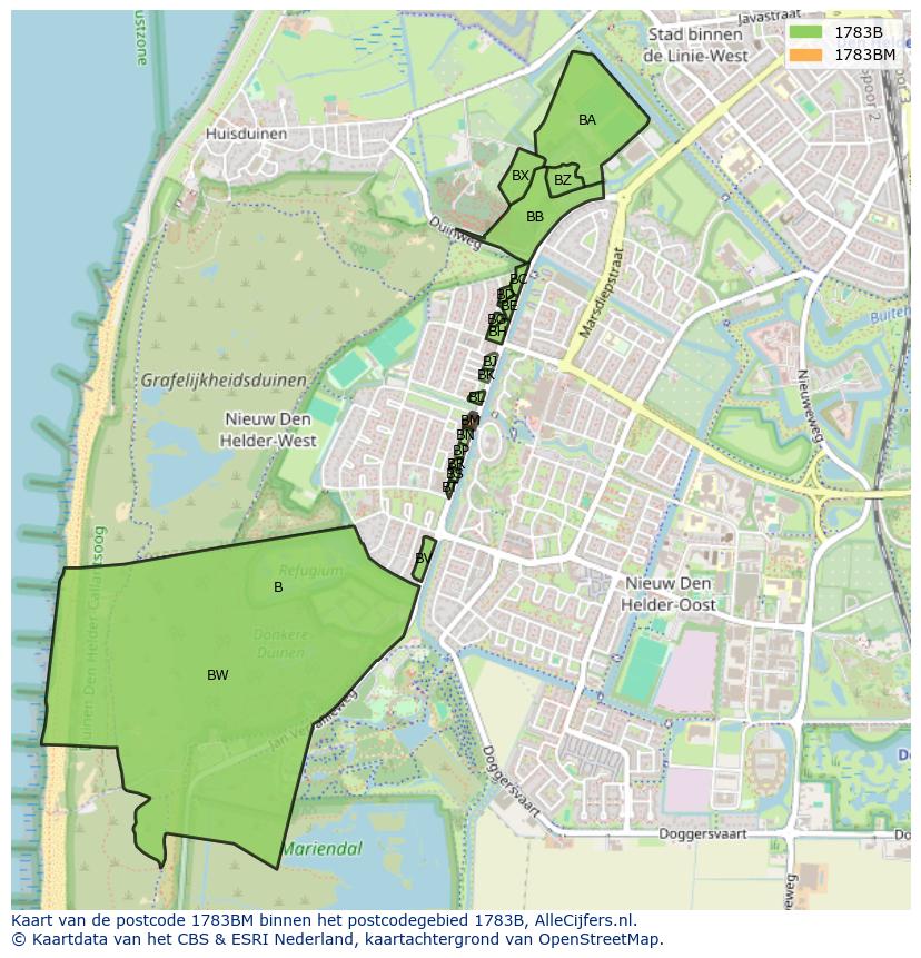 Afbeelding van het postcodegebied 1783 BM op de kaart.