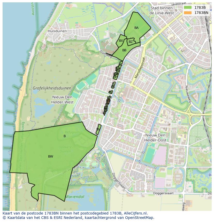Afbeelding van het postcodegebied 1783 BN op de kaart.