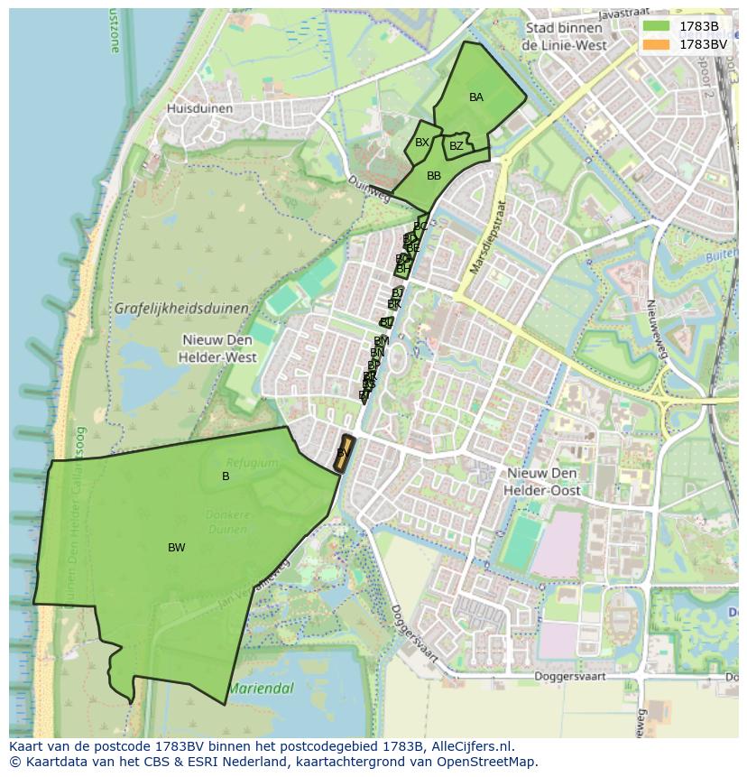 Afbeelding van het postcodegebied 1783 BV op de kaart.