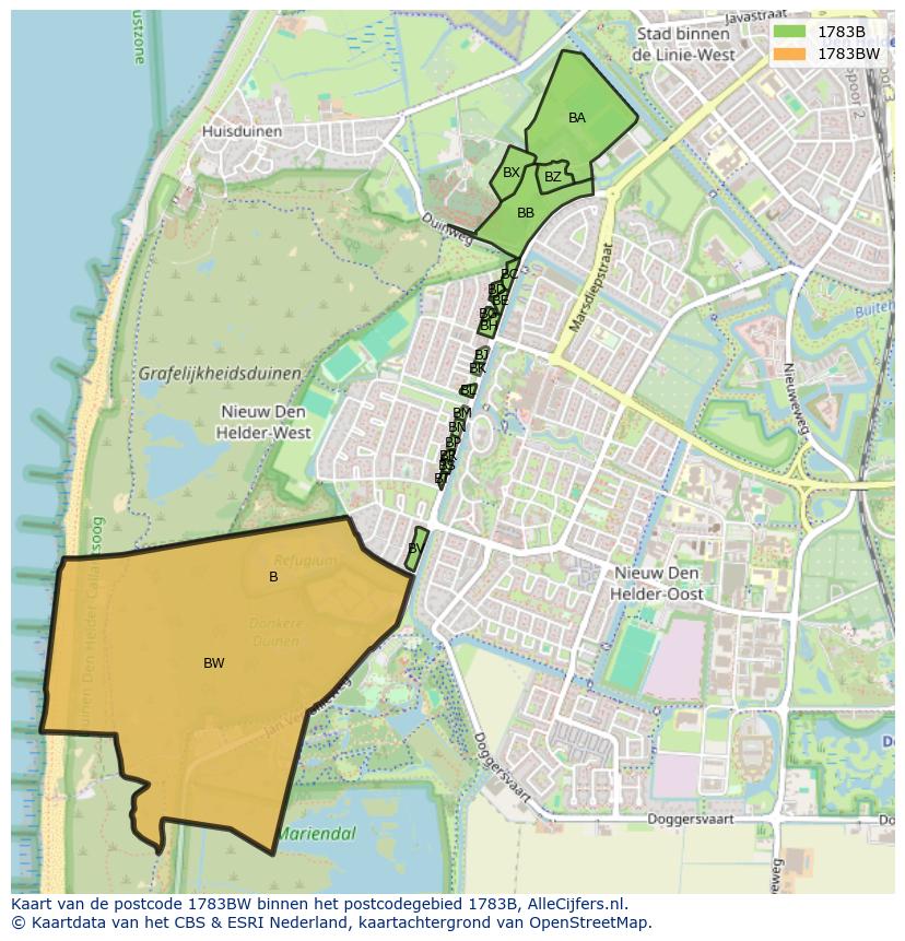 Afbeelding van het postcodegebied 1783 BW op de kaart.