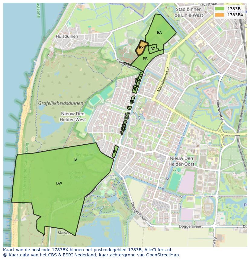 Afbeelding van het postcodegebied 1783 BX op de kaart.