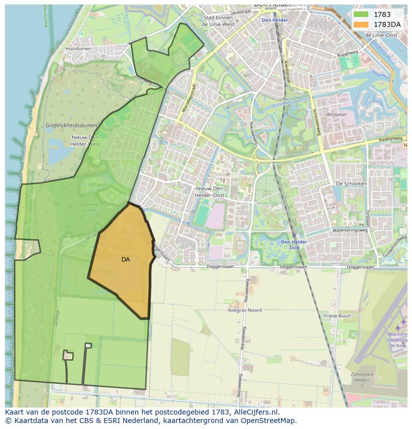 Afbeelding van het postcodegebied 1783 DA op de kaart.