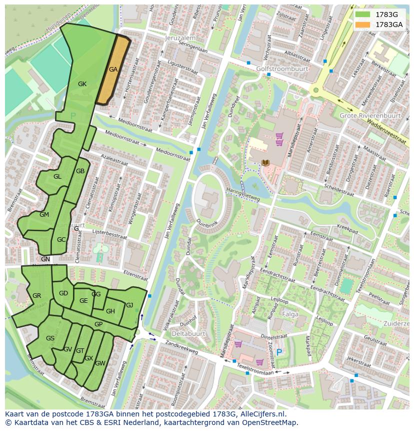 Afbeelding van het postcodegebied 1783 GA op de kaart.