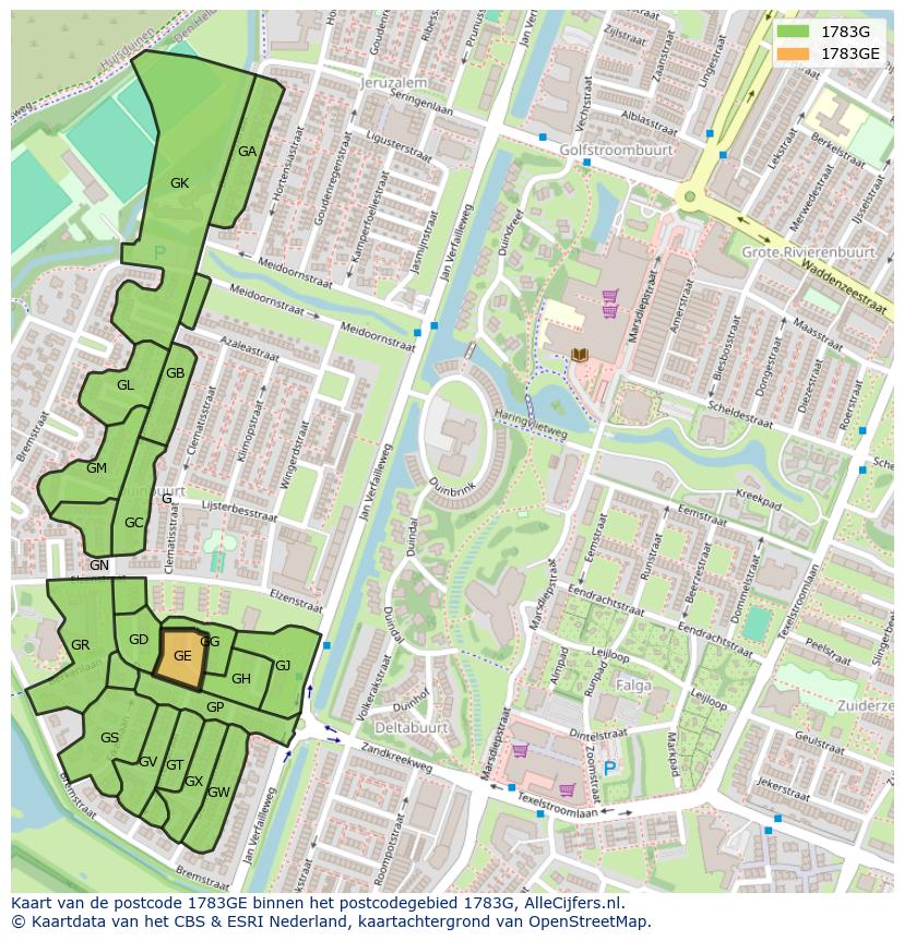 Afbeelding van het postcodegebied 1783 GE op de kaart.