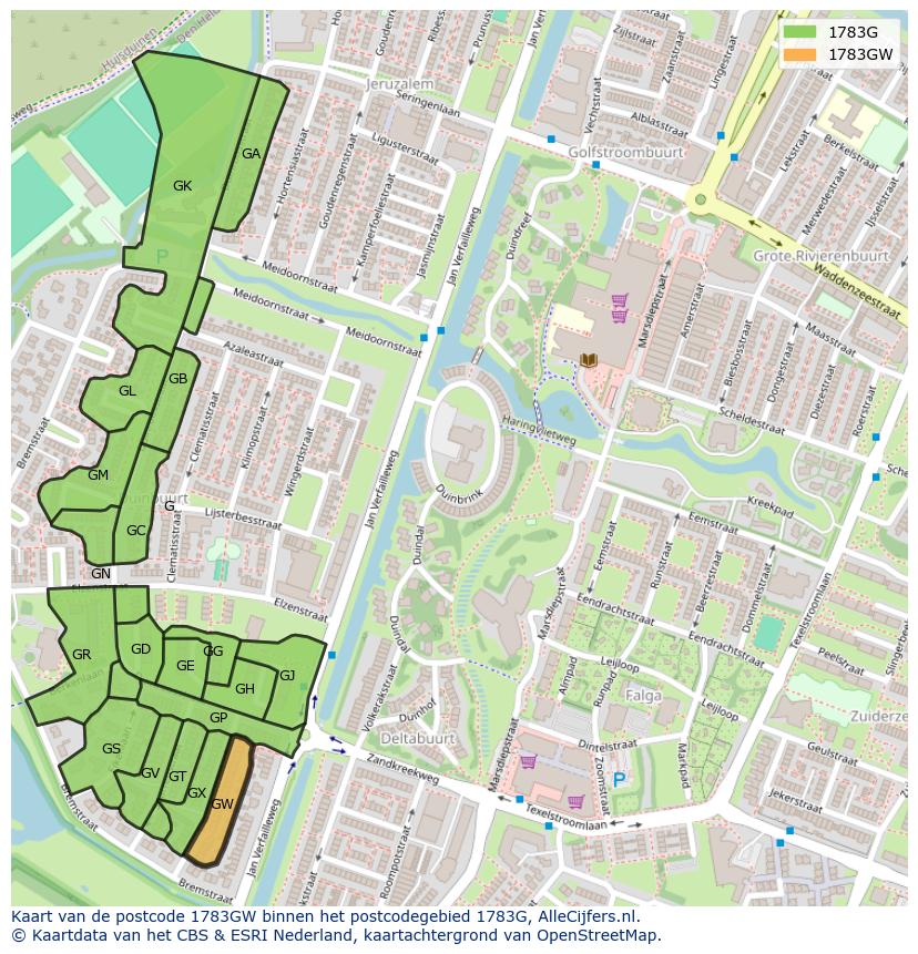 Afbeelding van het postcodegebied 1783 GW op de kaart.