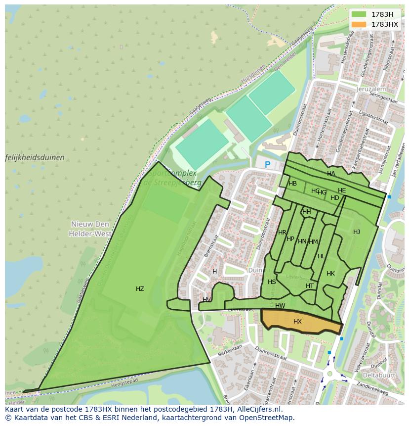 Afbeelding van het postcodegebied 1783 HX op de kaart.
