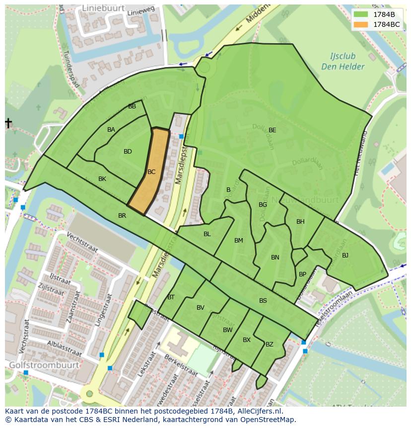 Afbeelding van het postcodegebied 1784 BC op de kaart.
