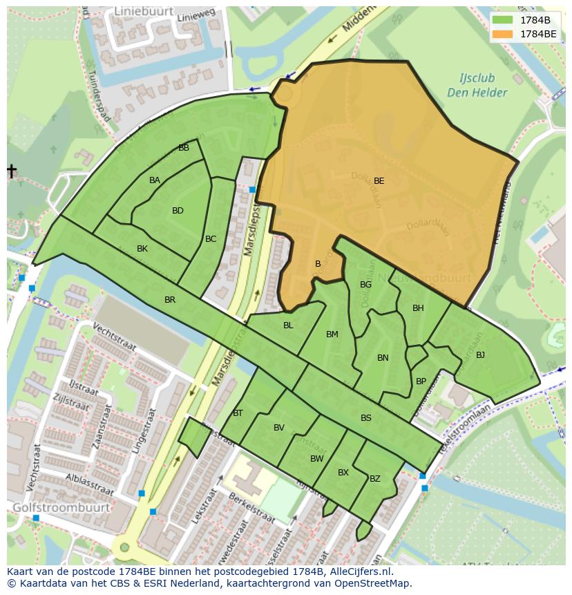 Afbeelding van het postcodegebied 1784 BE op de kaart.