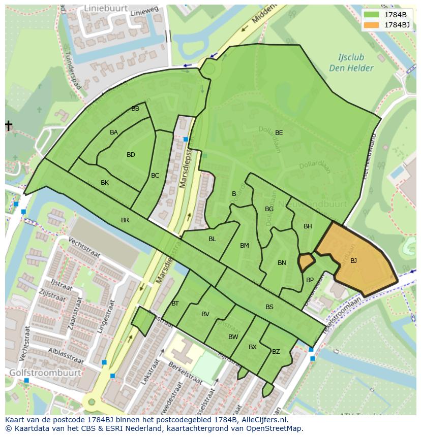 Afbeelding van het postcodegebied 1784 BJ op de kaart.
