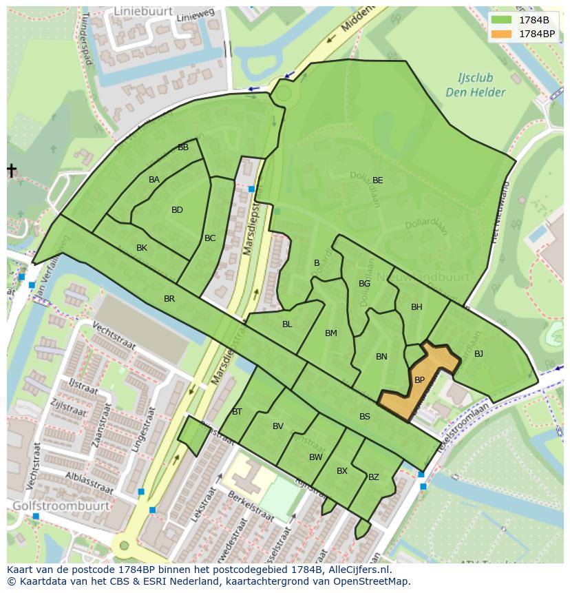 Afbeelding van het postcodegebied 1784 BP op de kaart.