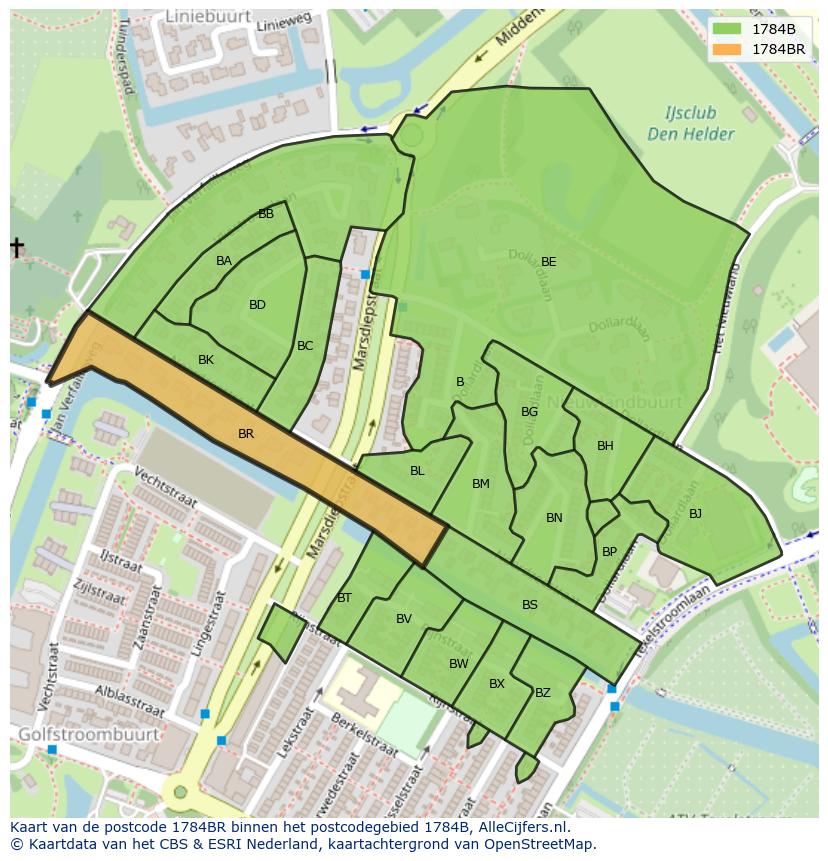 Afbeelding van het postcodegebied 1784 BR op de kaart.