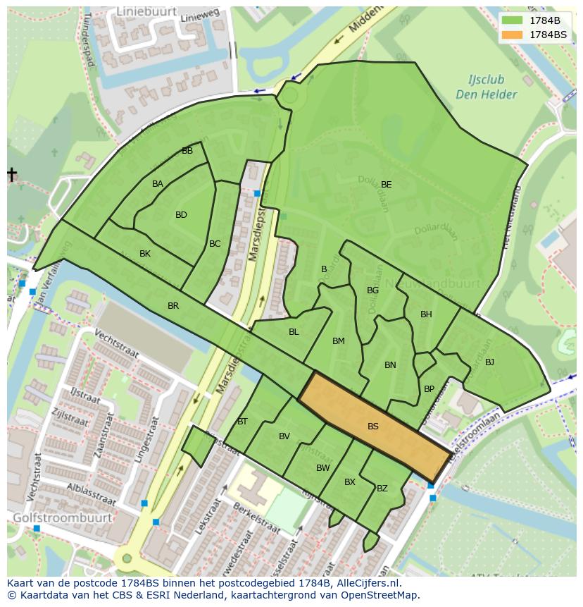 Afbeelding van het postcodegebied 1784 BS op de kaart.