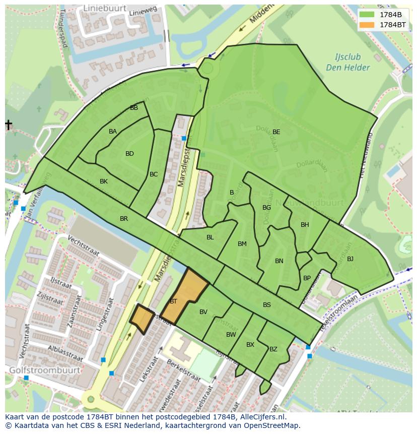 Afbeelding van het postcodegebied 1784 BT op de kaart.